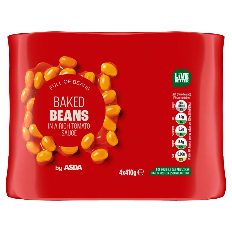 ASDA baked beans in tomato sauce 410g 4 pack, imported from the UK