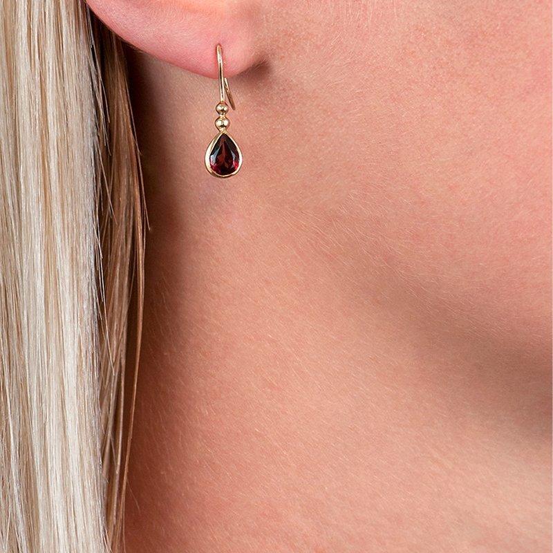 E.W Adams 9ct yellow gold garnet bead drop earrings, imported from the UK