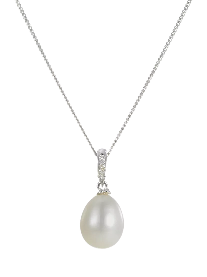 E.W Adams freshwater pearl and diamond pendant necklace 9ct white gold, imported from the UK