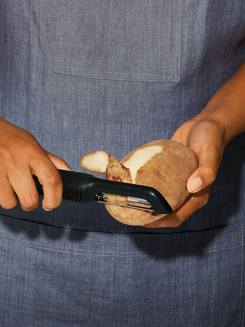 OXO swivel peeler with non-slip grip and potato eyer, imported from the UK