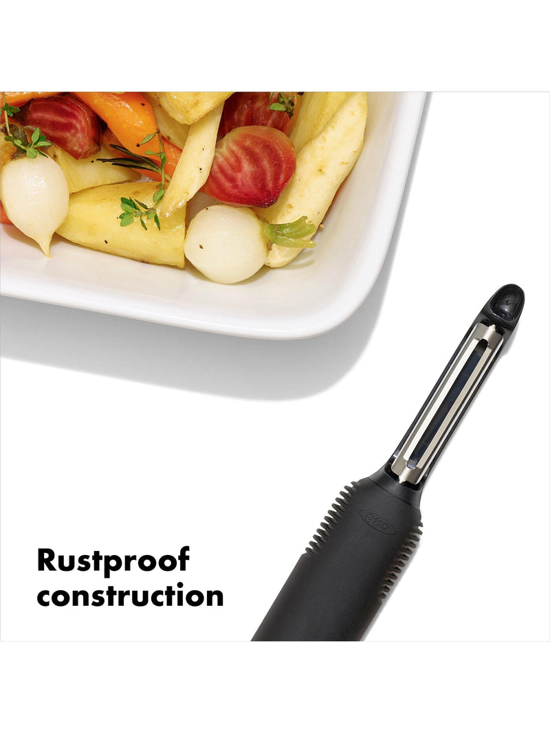 OXO swivel peeler with non-slip grip and potato eyer, imported from the UK