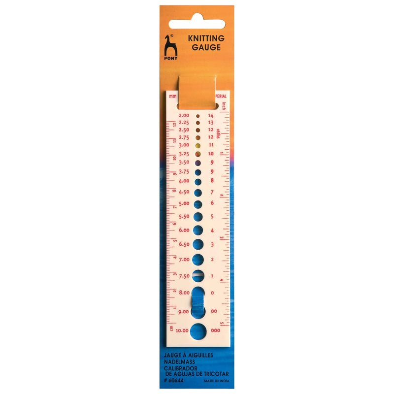 Pony knitting pin gauge with ruler, imported from the UK