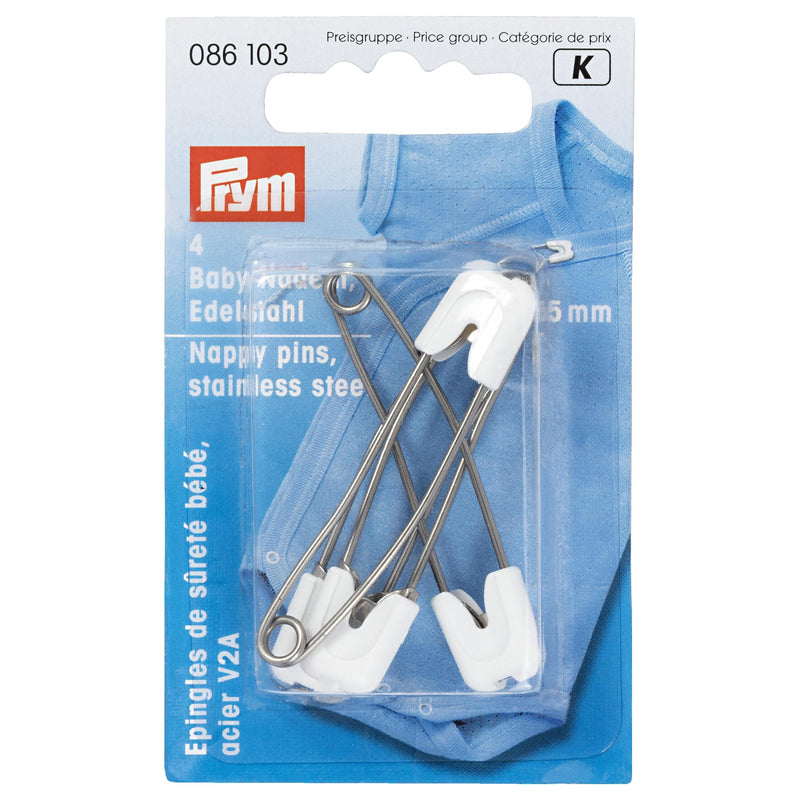 Prym stainless steel nappy pins 55mm pack of 4, imported from the UK