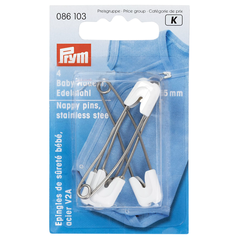 Prym stainless steel nappy pins 55mm pack of 4, imported from the UK