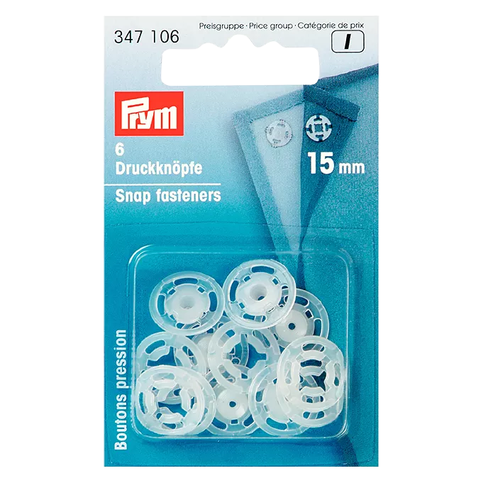 Prym sew-on snap fasteners 15mm pack of 6 (British brand)