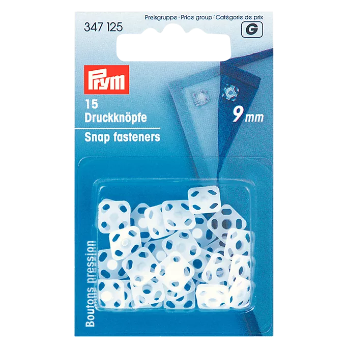 Prym square plastic snap fasteners 9mm white, pack of 15 (British brand)