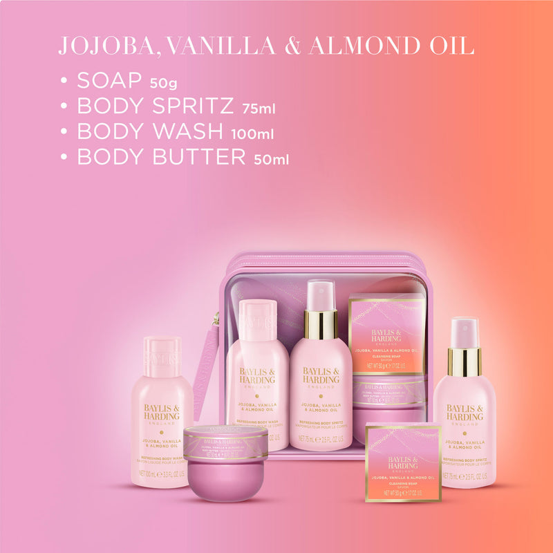 Baylis & Harding luxury travel gift set with jojoba vanilla almond oil, UK version