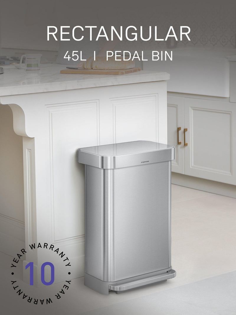 Simplehuman rectangular 45L pedal bin brushed stainless steel, imported from the UK