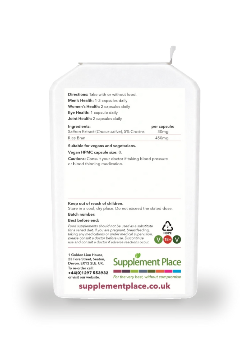 Supplement Place Saffron Extract supplement 30mg 120 capsules, imported from the UK