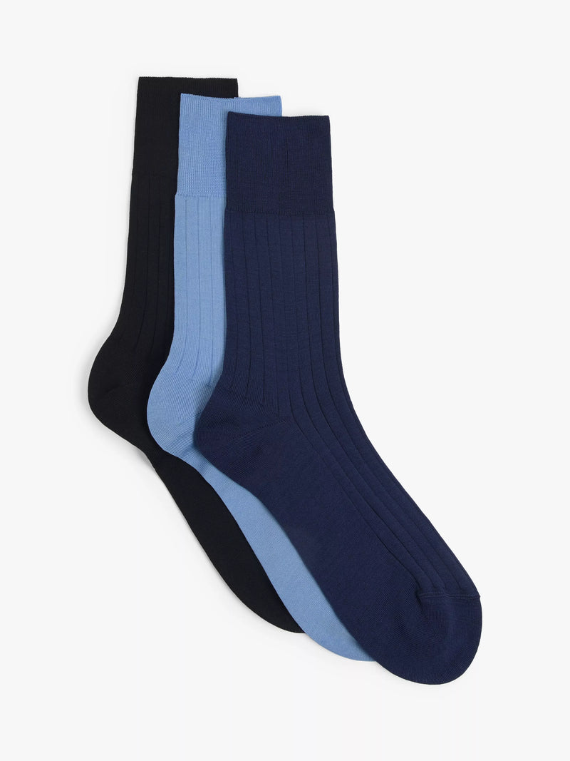 John Lewis mercerised cotton socks pack of 3 blues, UK version