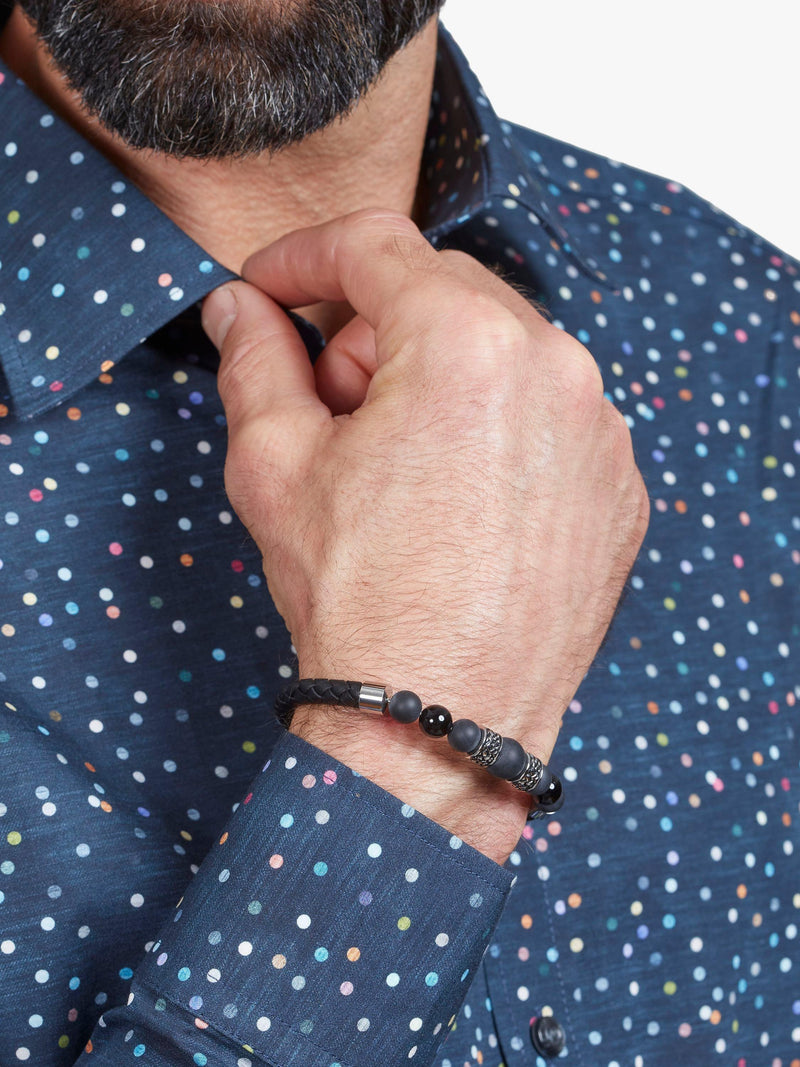 Simon Carter onyx bead bracelet with leather and trigger clasp, UK version