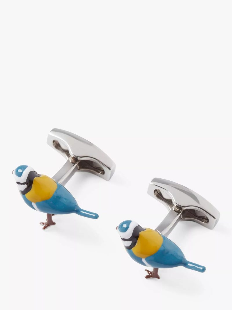 Simon Carter blue tit cufflinks in rhodium plated brass - British product