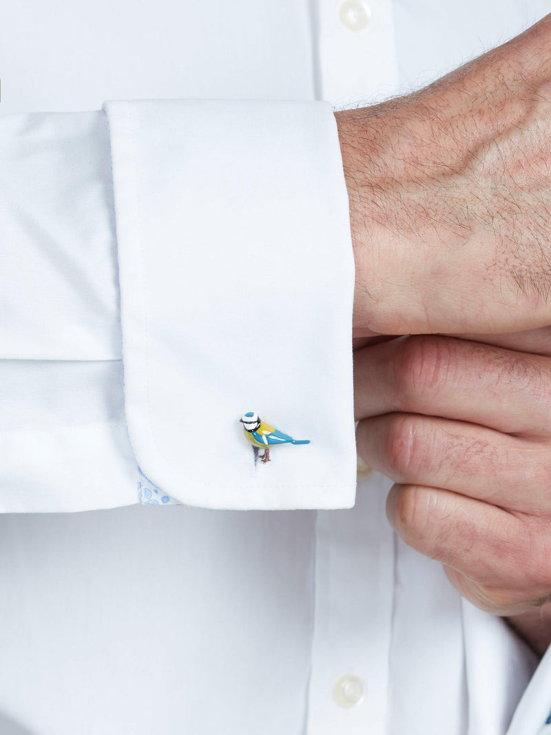 Simon Carter blue tit cufflinks in rhodium plated brass - British product
