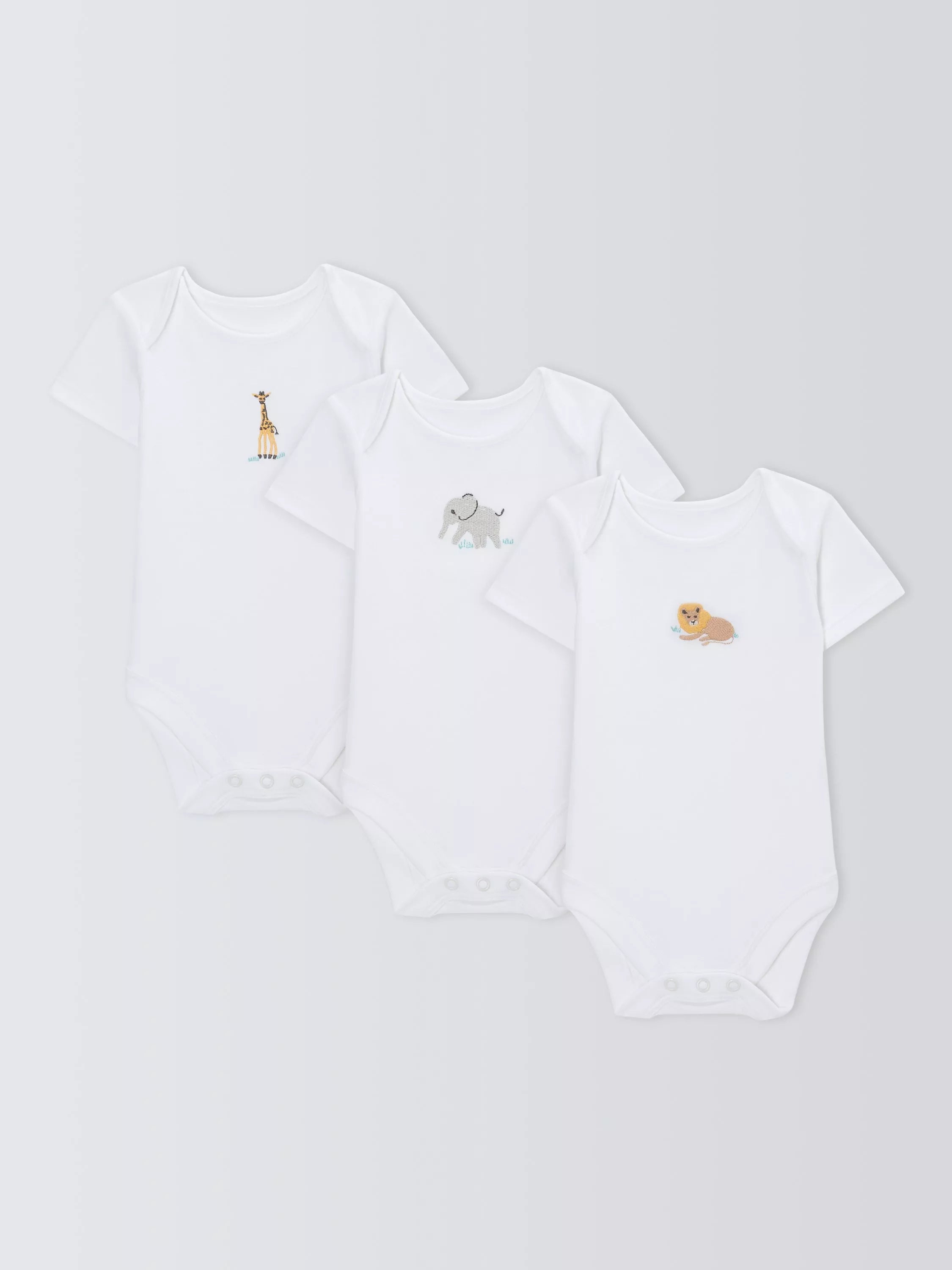 John Lewis Baby Safari Animal Embroidery Short Sleeve Bodysuits, Pack of 3, White - McGrocer