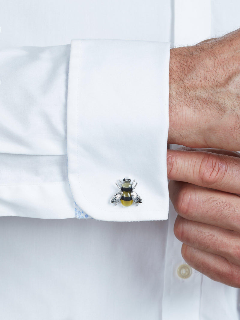 Simon Carter Darwin Bee cufflinks yellow catseye onyx rhodium plated brass - British product