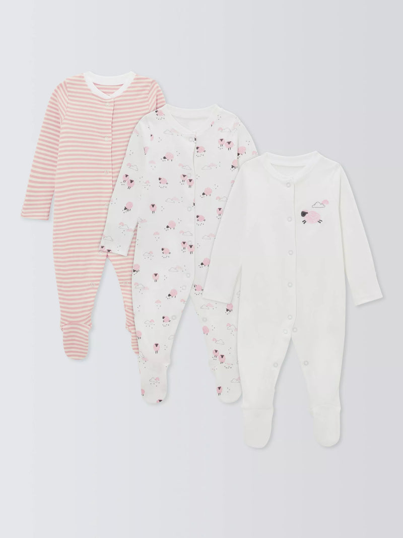 John Lewis Baby Sheep Long Sleeve Sleepsuits Pink, UK version