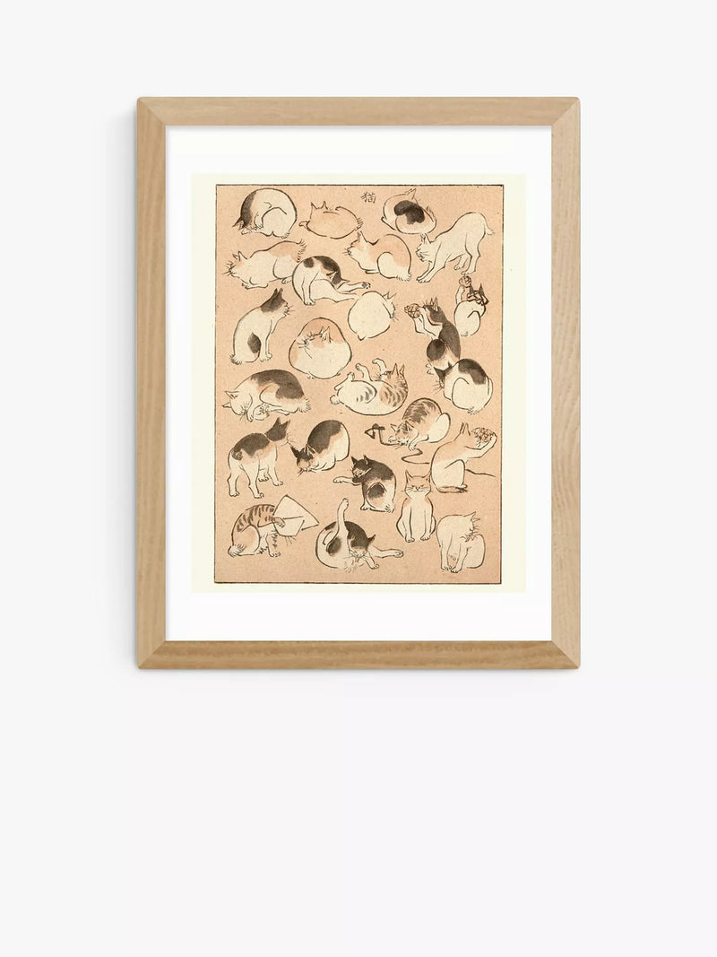 EAST END PRINTS Ando Hiroshige 'Art of Japan' Cats Framed Print - Oak Frame 43.4 x 33.4cm