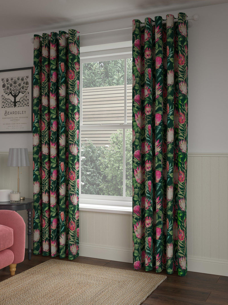 Sanderson King Protea teal eyelet curtains pair (British brand)