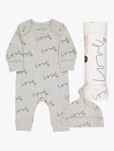 John Lewis From Babies with Love Love Script Baby Grow, Hat & Muslin Shawl Gift Set, Grey- Buy online at McGrocer