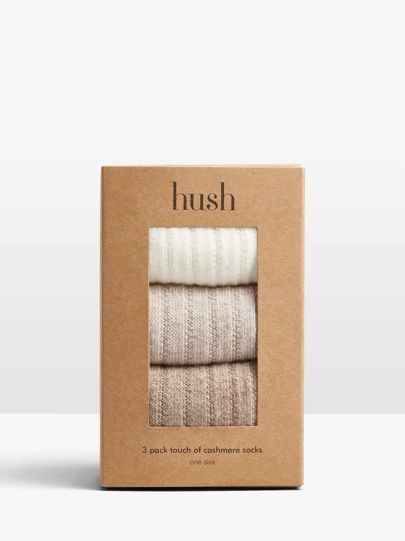 HUSH ribbed cashmere blend ankle socks in beige, pack of 3, UK version