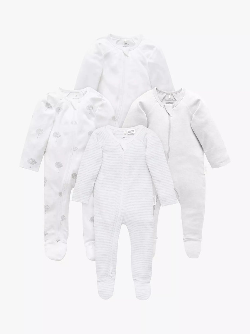 Purebaby Organic Cotton Essential Zip Front Growsuit, Pack of 4, Grey Melange - 0-3 months