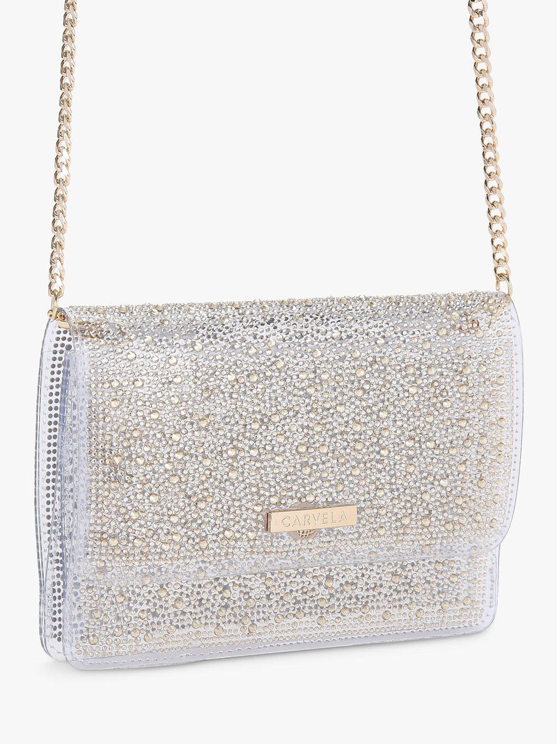 Carvela Lovebird embellished clutch bag with crystal ombre design, UK version