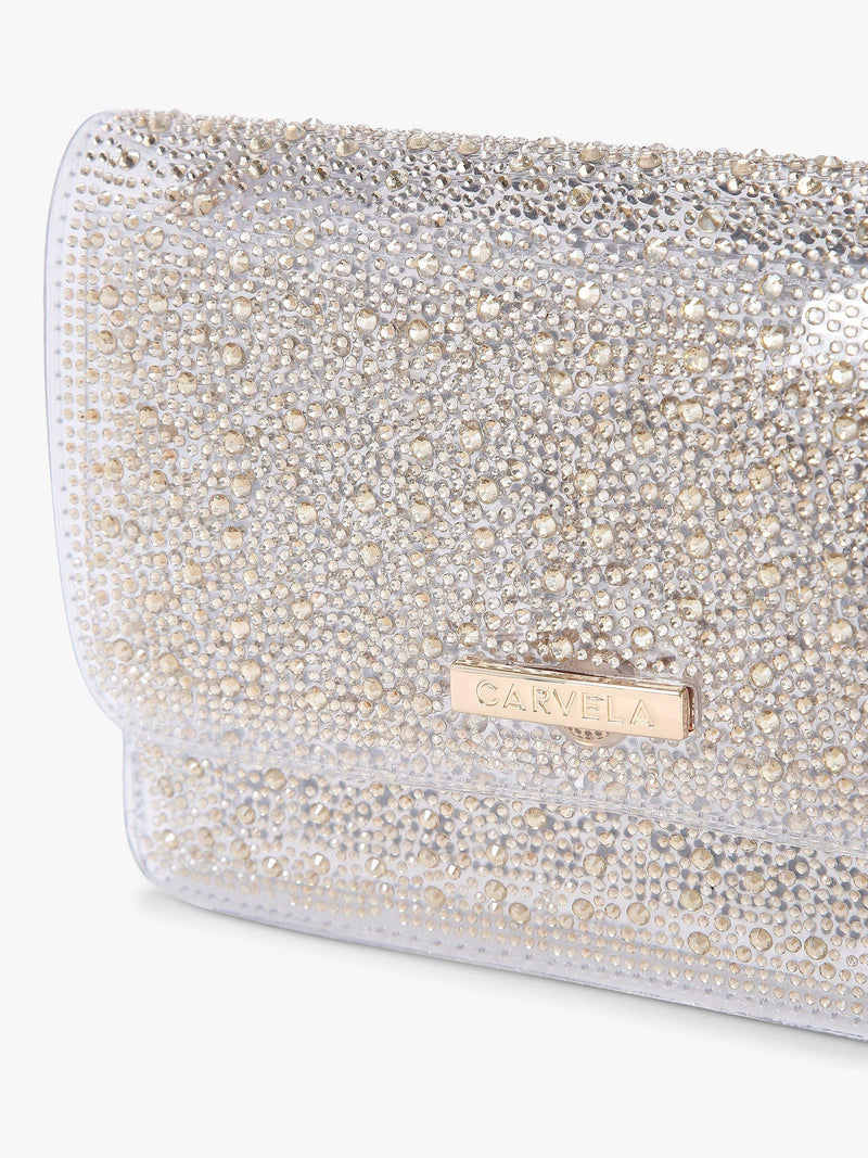 Carvela Lovebird embellished clutch bag with crystal ombre design, UK version