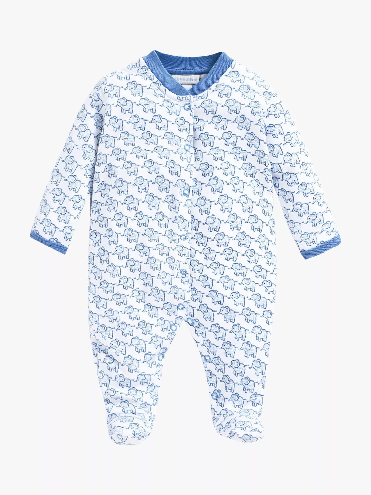 JoJo Maman Bébé Baby Little Elephant Print Sleepsuit, Blue - McGrocer