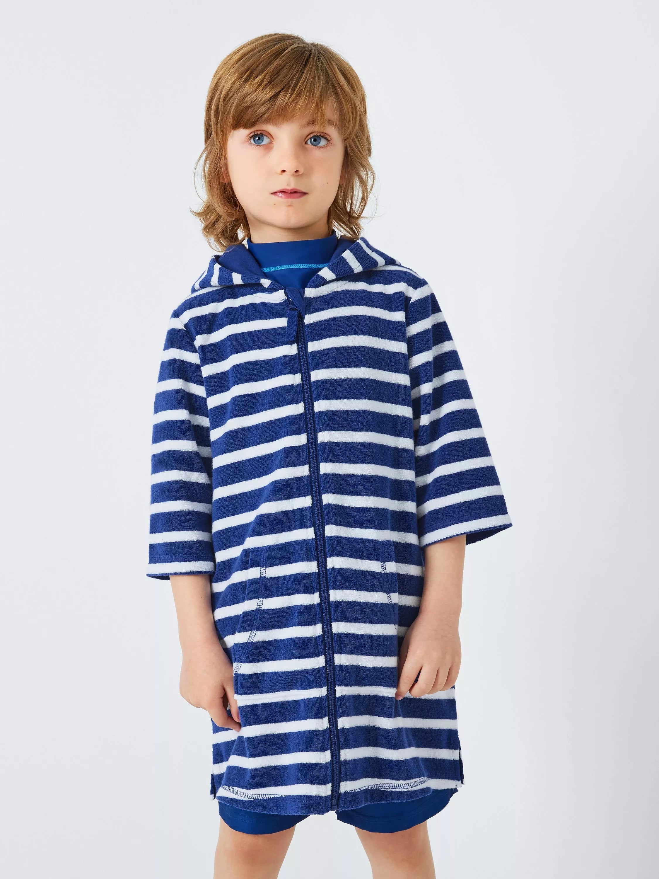 John Lewis Kids' Stripe Zip Through Towelling Poncho, Blue - McGrocer