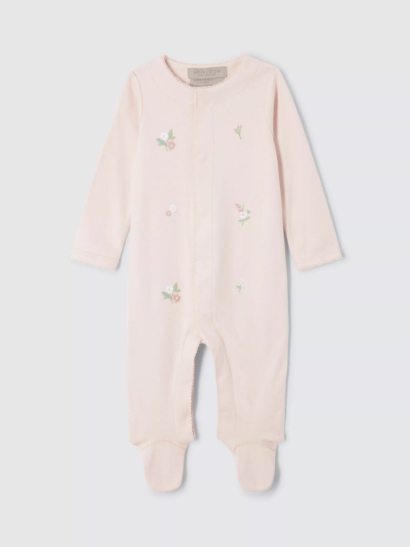 John Lewis Heirloom Collection Baby Floral Embroidered Pima Cotton Sleepsuit, Pink - McGrocer