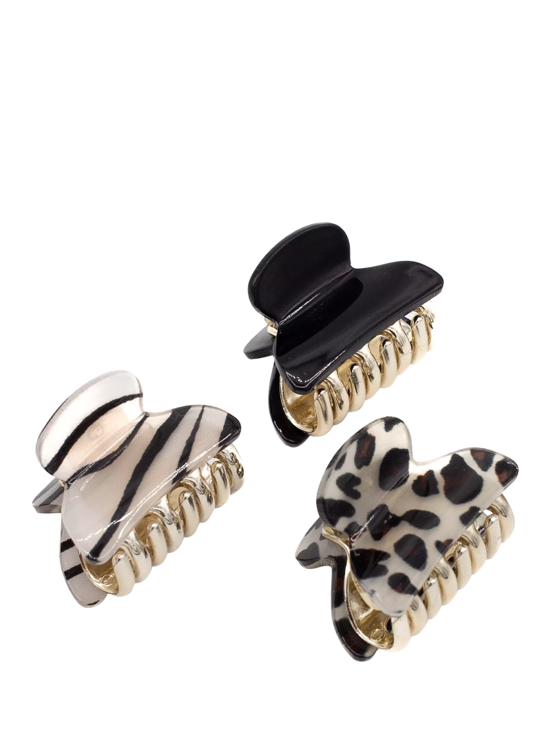 Bloom & Bay mini hair claw clips, black leopard zebra prints, 3-pack - British product