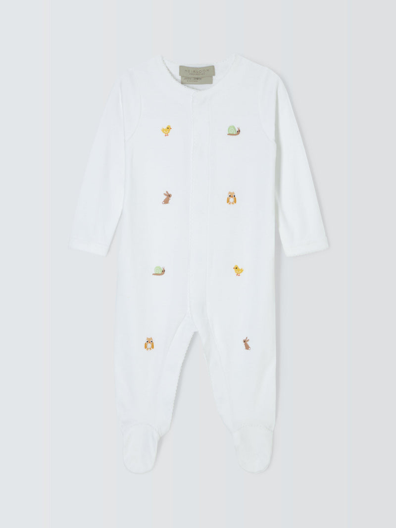 John Lewis Heirloom Collection baby woodlands embroidered cotton sleepsuit white, UK version