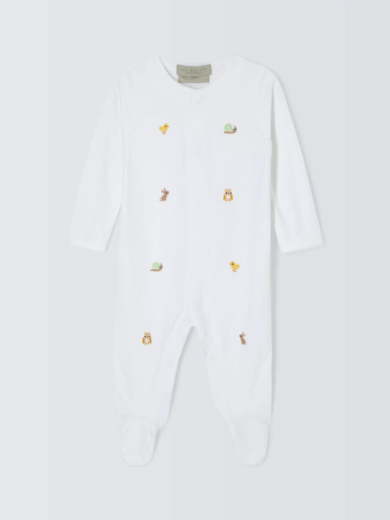 John Lewis Heirloom Collection Baby Woodland Animals Embroidered Pima Cotton Sleepsuit, White - Newborn