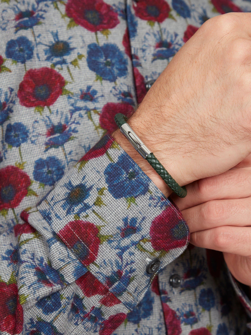 Simon Carter braided leather bracelet in green, imported from the UK