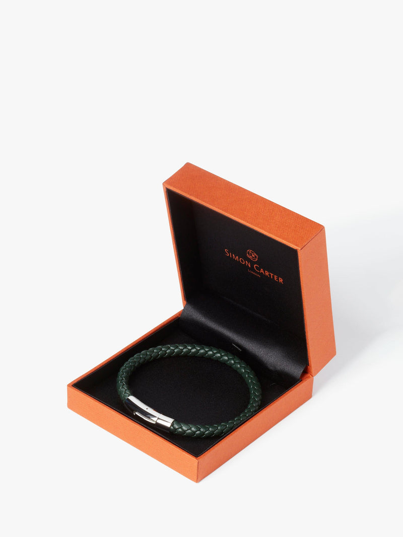 Simon Carter braided leather bracelet in green, imported from the UK