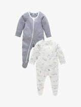 Purebaby Organic Cotton Whale Stripe Zip Sleepsuit Vanilla/Nautical Baby Sleepsuit Pack of 2