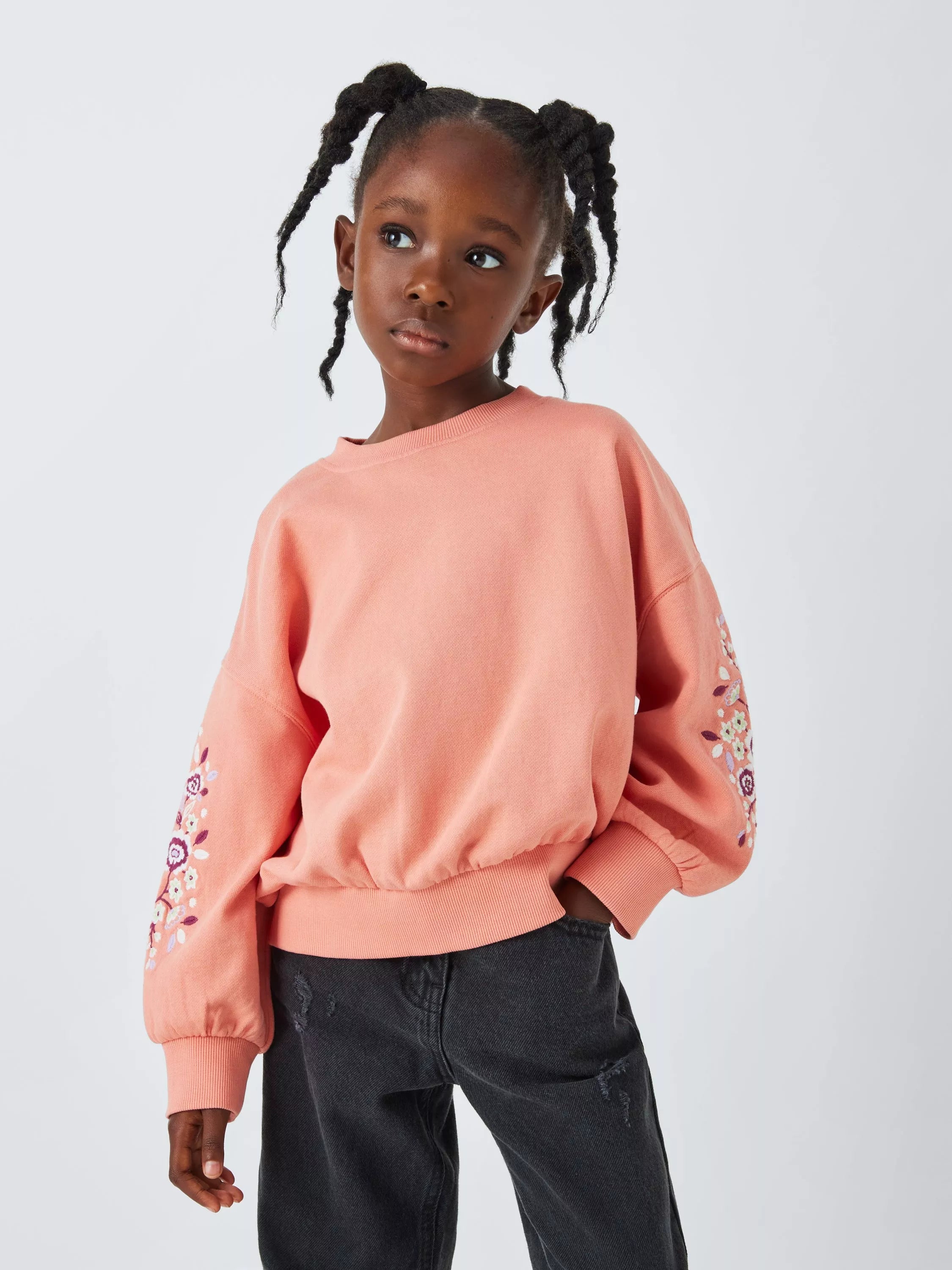 John Lewis Kids' Floral Embroidered Sleeve Sweatshirt, Peach Pink - McGrocer