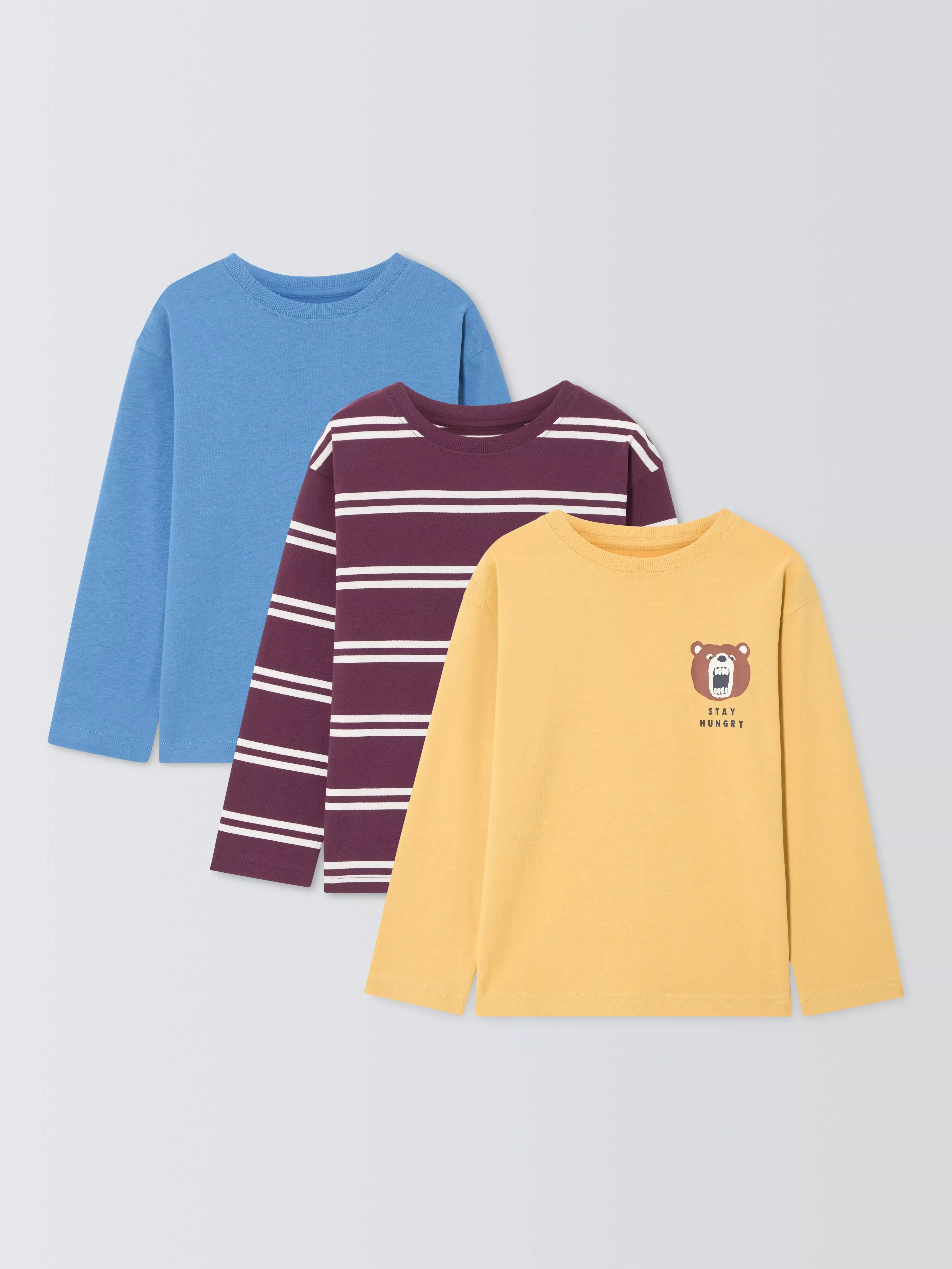 John Lewis Kids' Plain/Stripe/Bear Long Sleeve Tops, Pack of 3, Multi - McGrocer