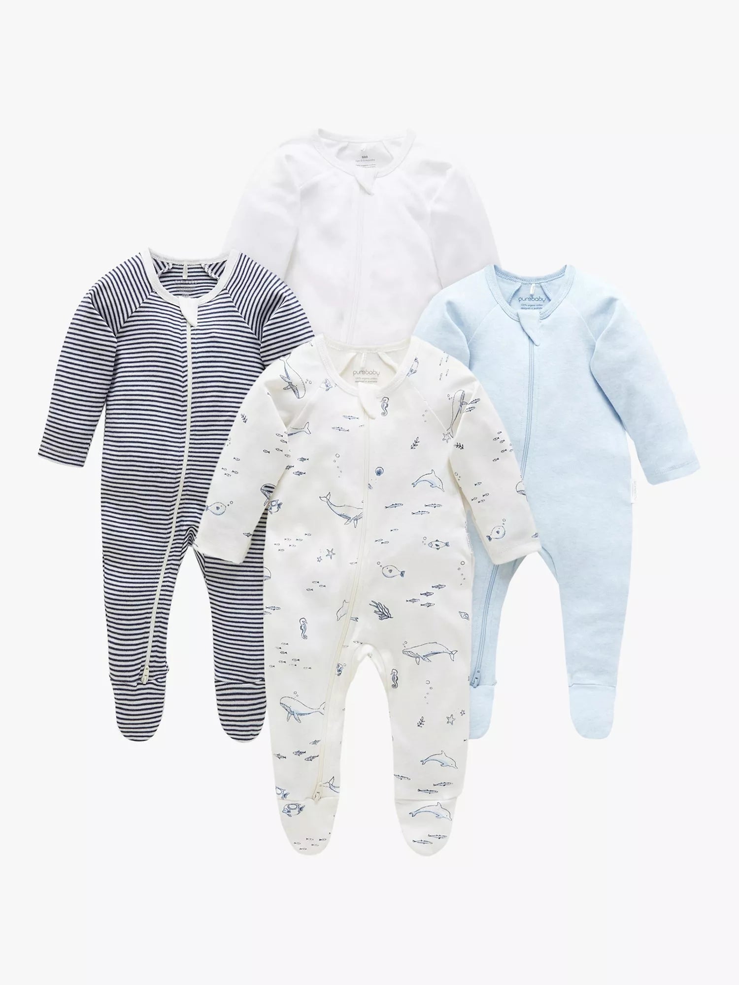 Purebaby Baby Organic Cotton Sleepsuit, Pack of 4, Vanilla Nautical - McGrocer