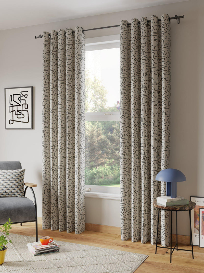 John Lewis grey scribble print lined eyelet curtains, UK version