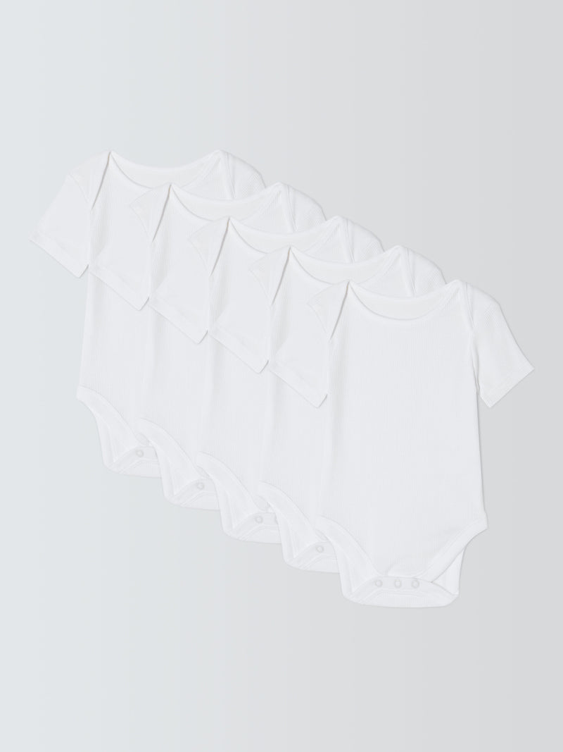 John Lewis White Cotton Short Sleeve Rib Baby Bodysuits Pack of 5, UK version