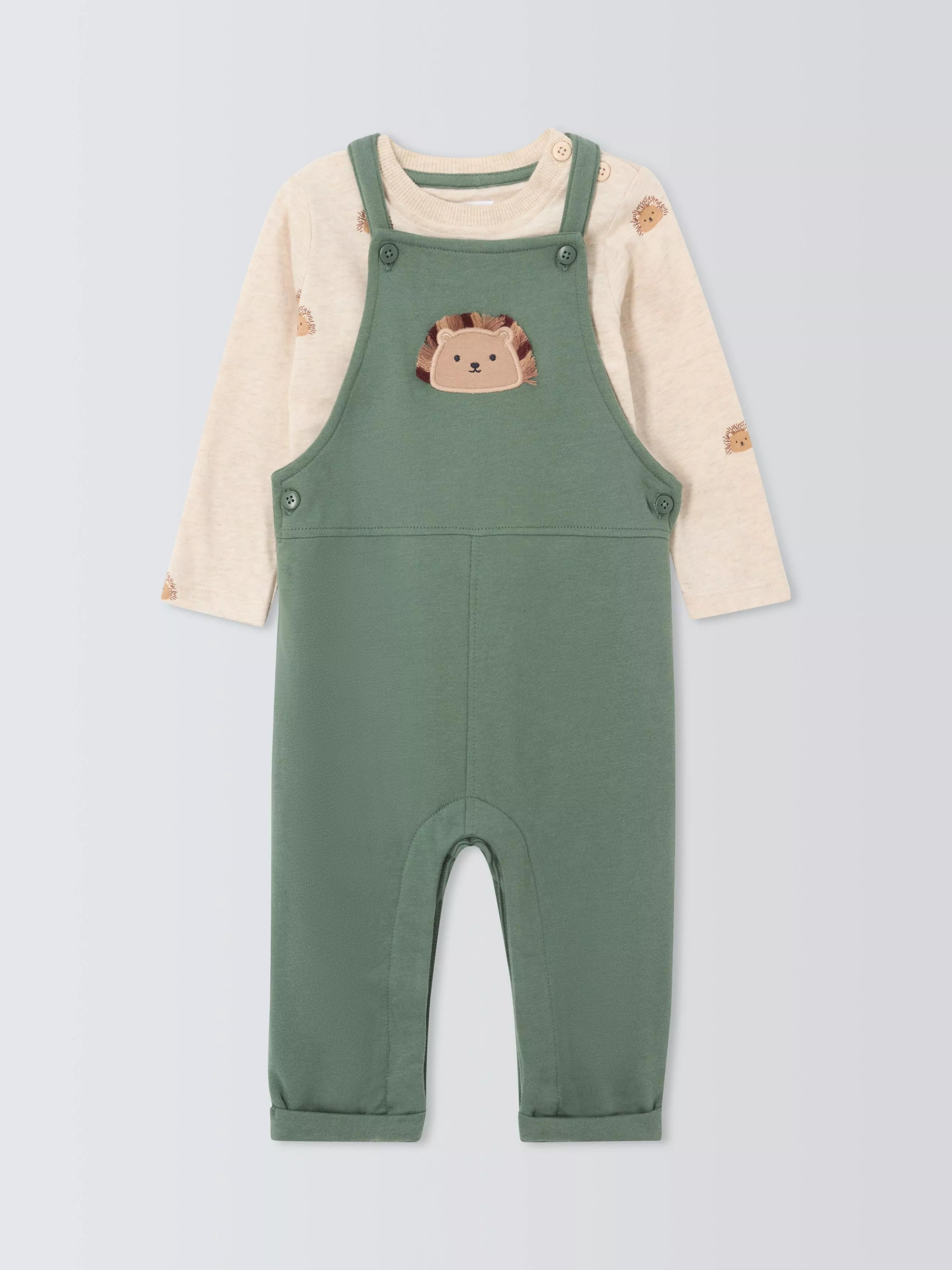 John Lewis Baby Hedgehog Long Sleeve Top and Dungarees Set, Green/Beige - McGrocer