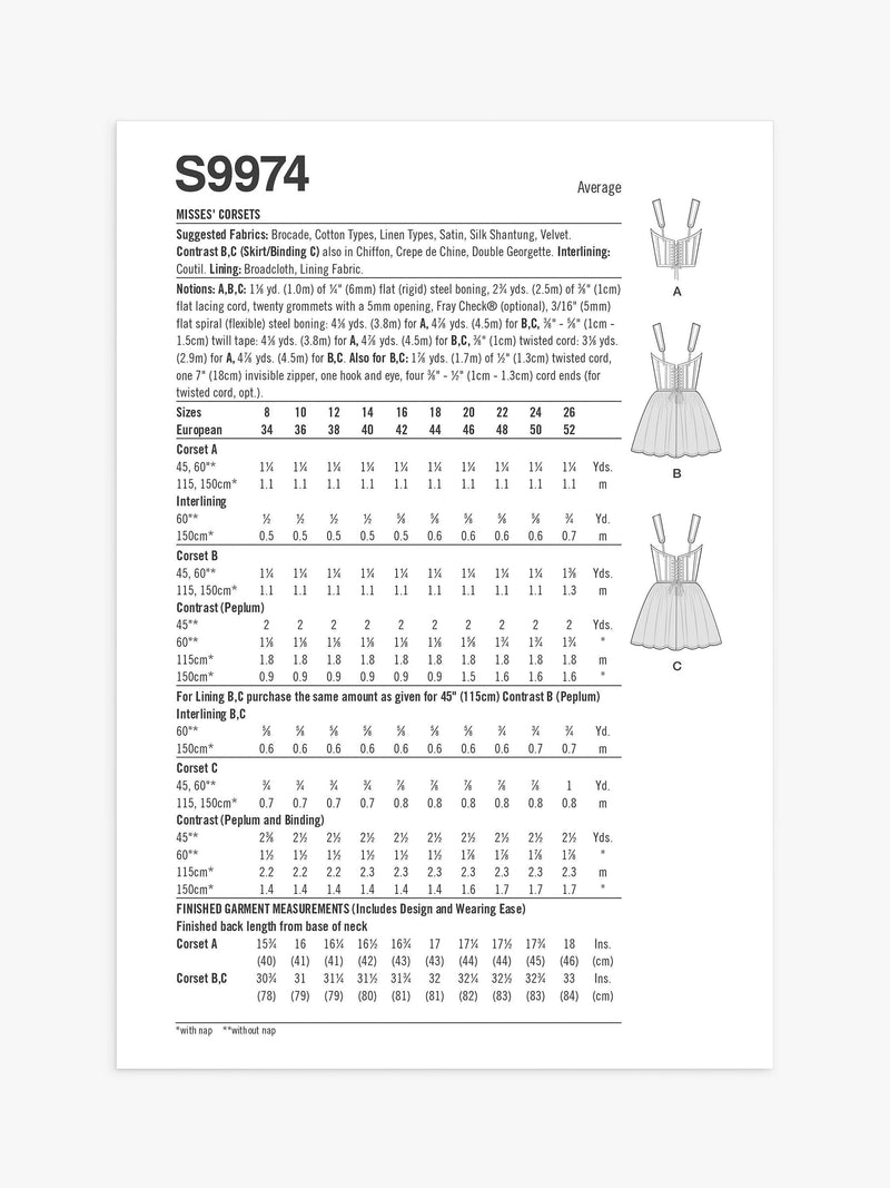 Simplicity sewing pattern Misses' Corsets S9974 (British brand)