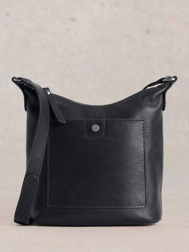 White Stuff Mini Fern Leather Crossbody Bag, Pure Black