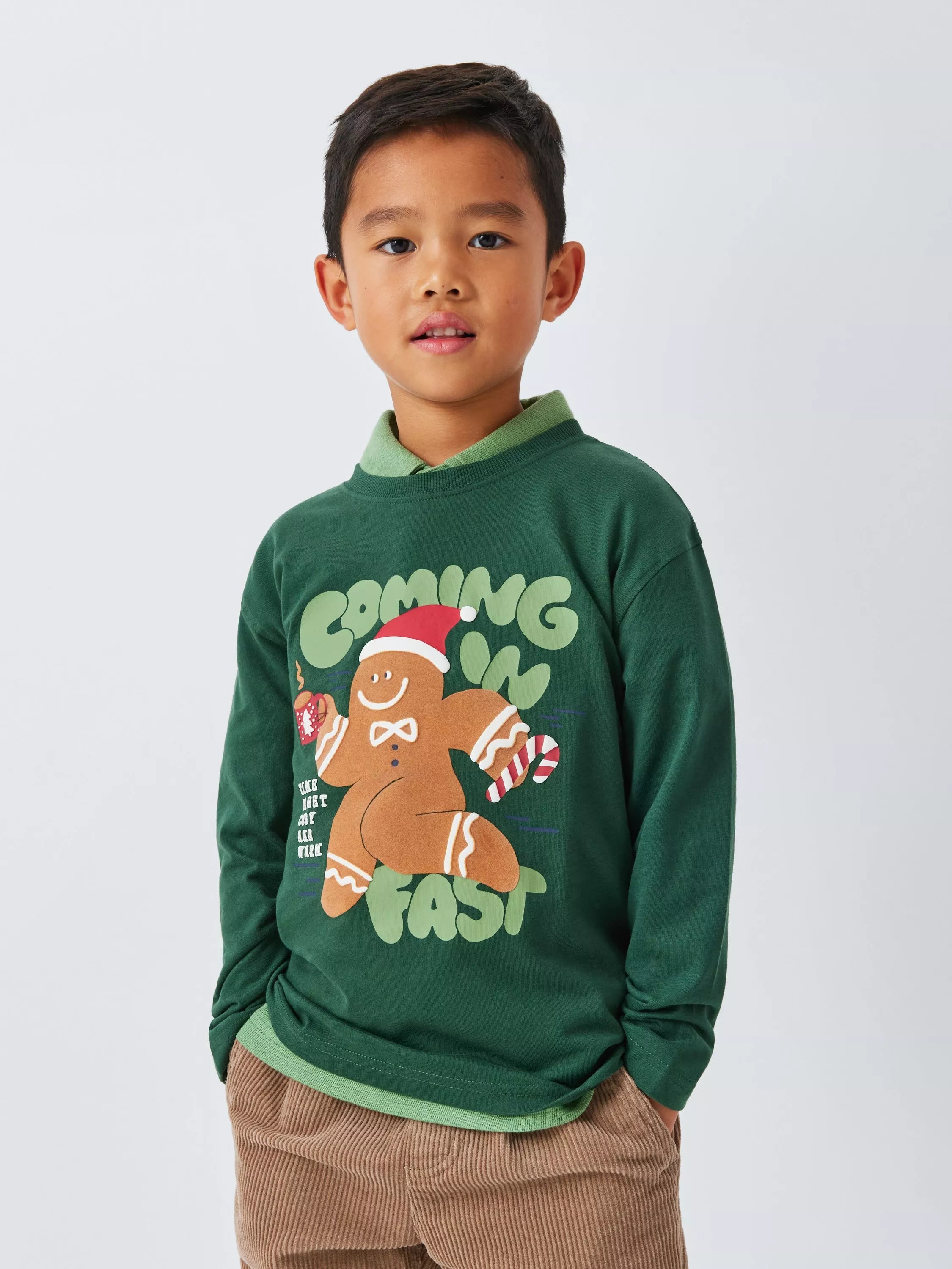 John Lewis Kids' Christmas Gingerbread Man Top, Green - McGrocer