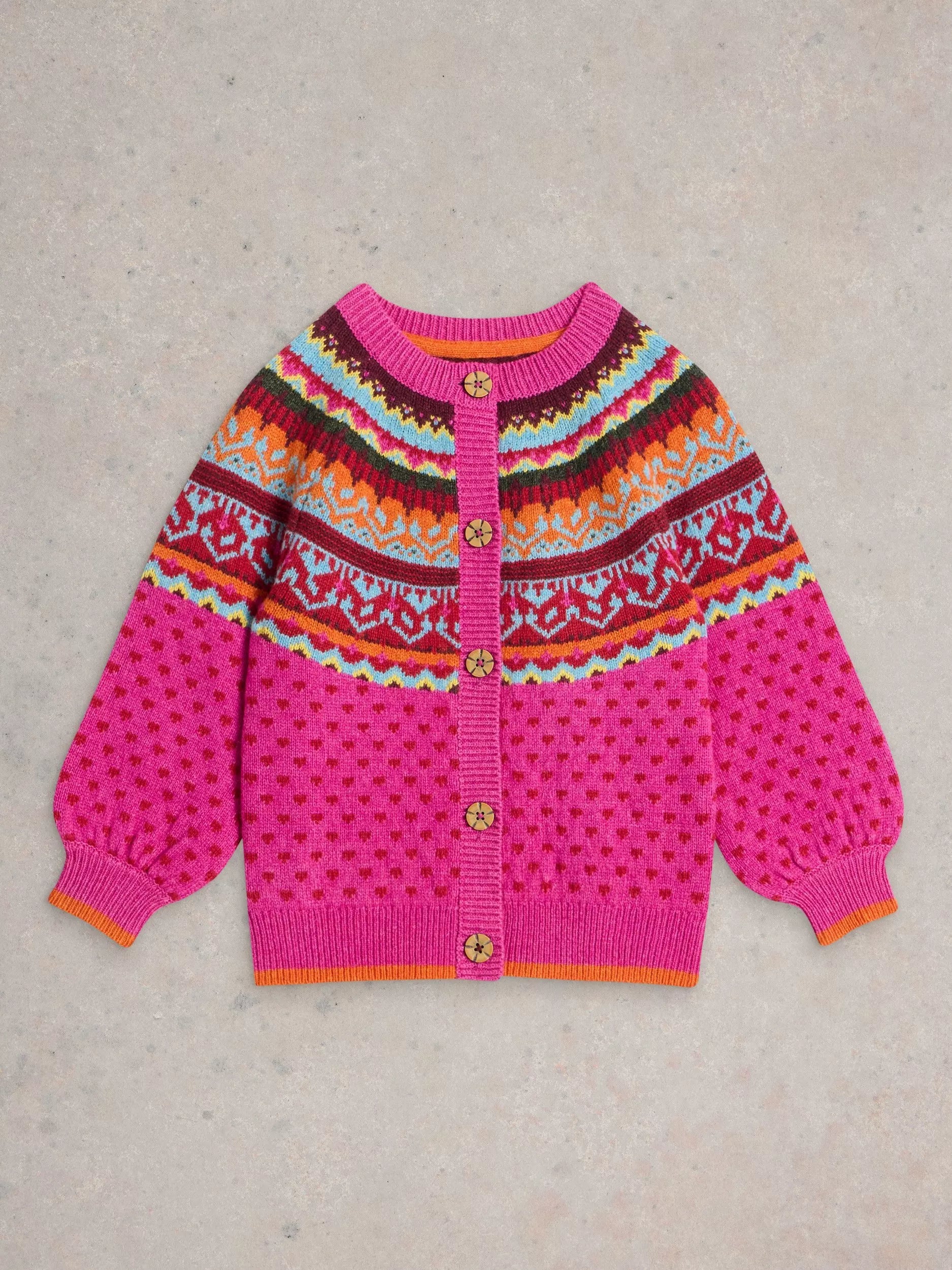 White Stuff Kids' Fair Isle Wool Blend Cardigan, Pink/Multi - McGrocer