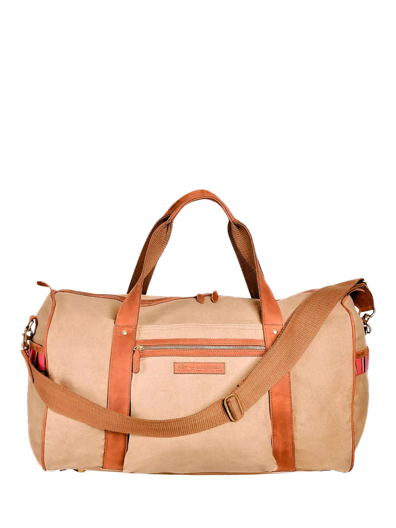 KOY Explorer tan duffle bag with hand-woven Kikoy fabric (British brand)