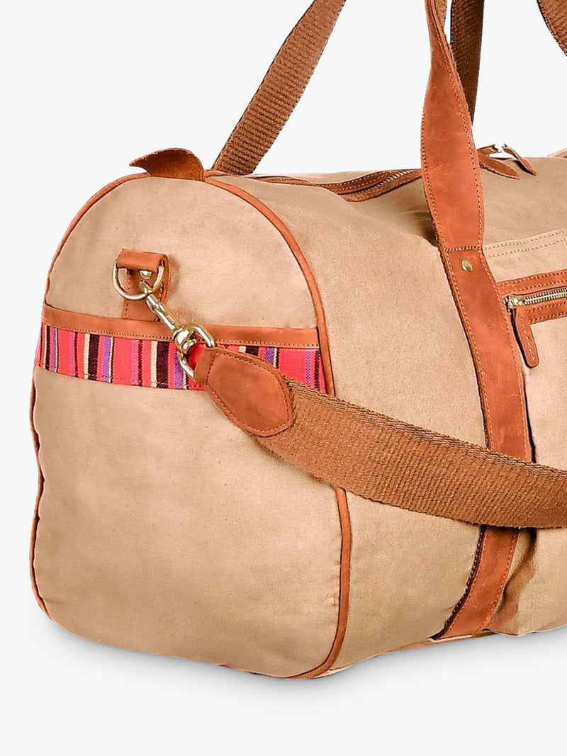 KOY Explorer tan duffle bag with hand-woven Kikoy fabric (British brand)