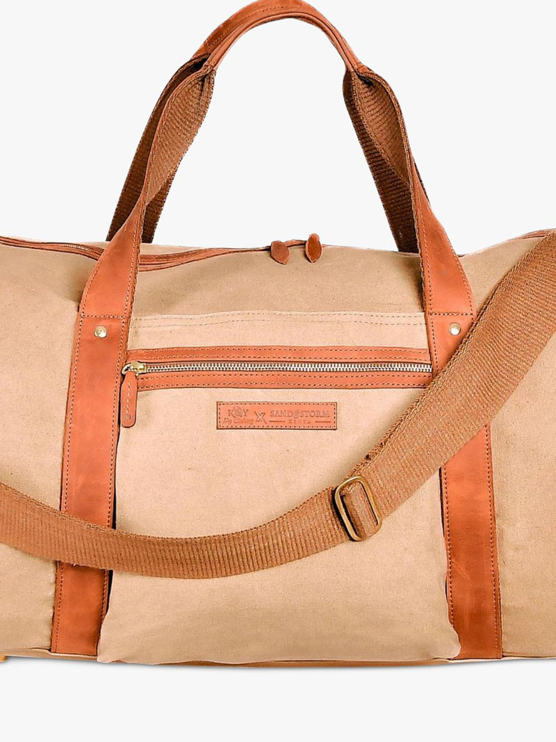 KOY Explorer tan duffle bag with hand-woven Kikoy fabric (British brand)