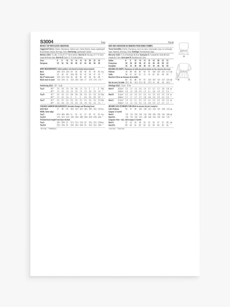Simplicity S3004 Misses Tops sewing pattern, UK version
